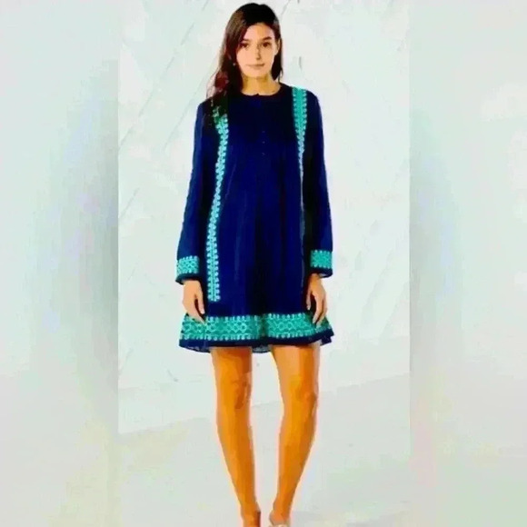 SAIL TO SABLE Long Sleeve Embroidered Dress Size S Navy w Teal Embroidery Cotton - Picture 1 of 13